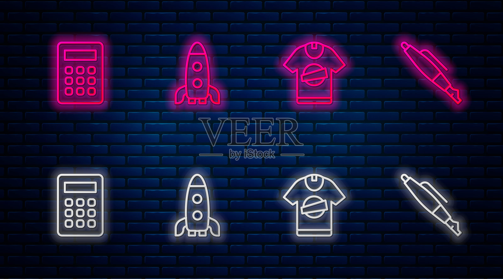 设线火箭船，t恤，计算器和钢笔笔尖。砖墙上发光的霓虹灯图标。向量插画图片素材