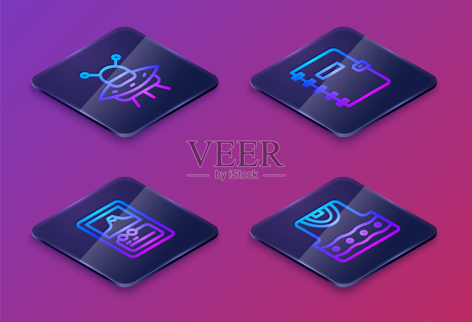 集等距线UFO飞船，纸牌游戏，螺旋笔记本和马甲。蓝色方形按钮。向量插画图片素材