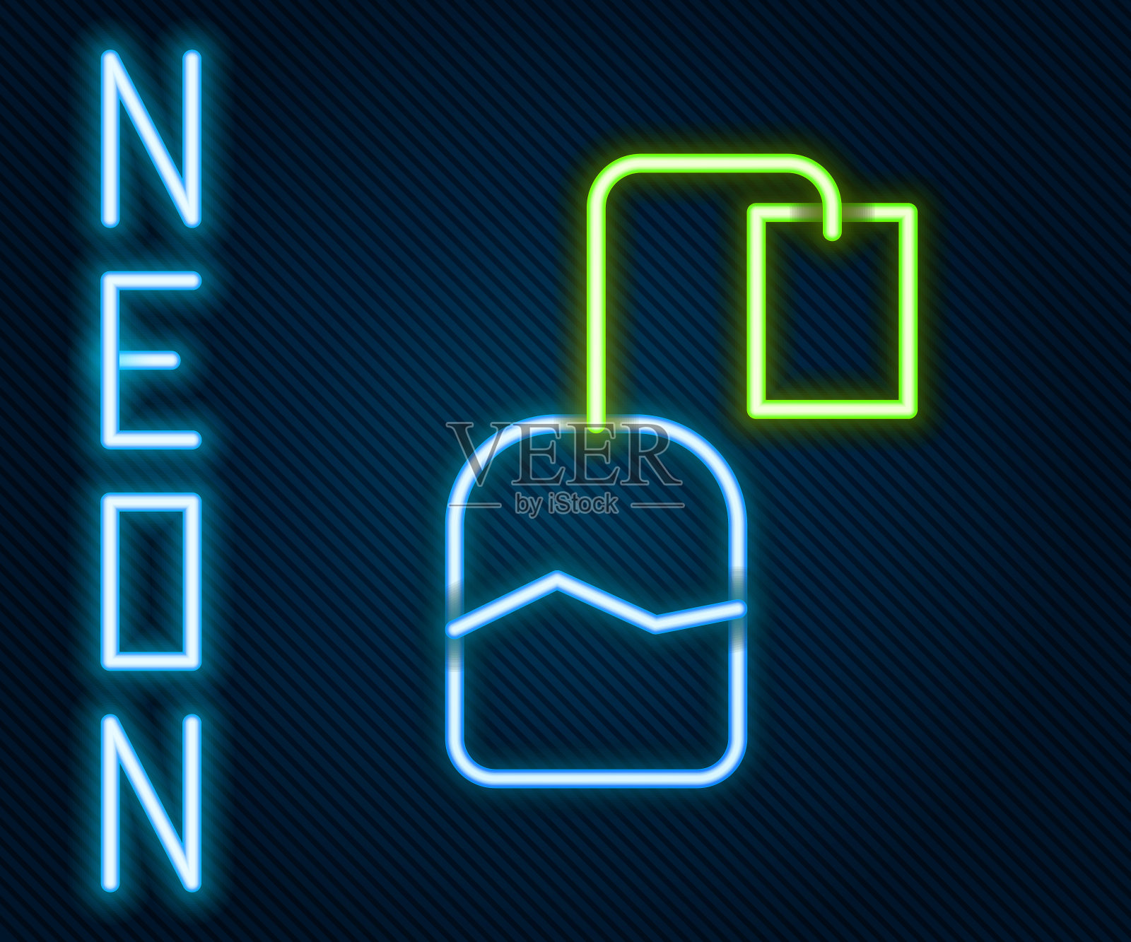 发光的霓虹灯线茶包图标孤立的黑色背景。色彩缤纷的轮廓概念。向量插画图片素材