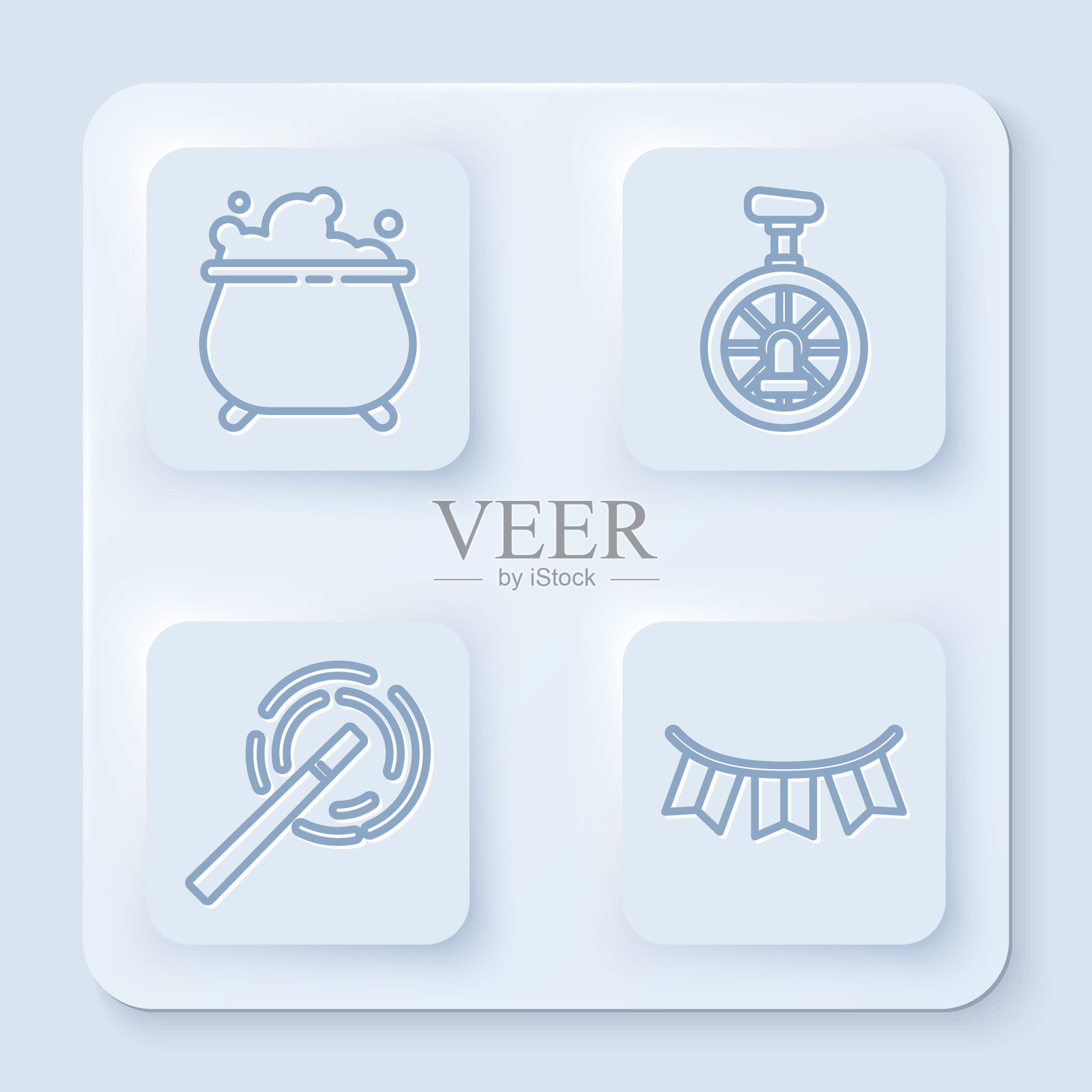 设置线巫婆大锅，独轮车或单轮自行车，魔术棒和嘉年华花环与旗帜。白色方形按钮。向量插画图片素材