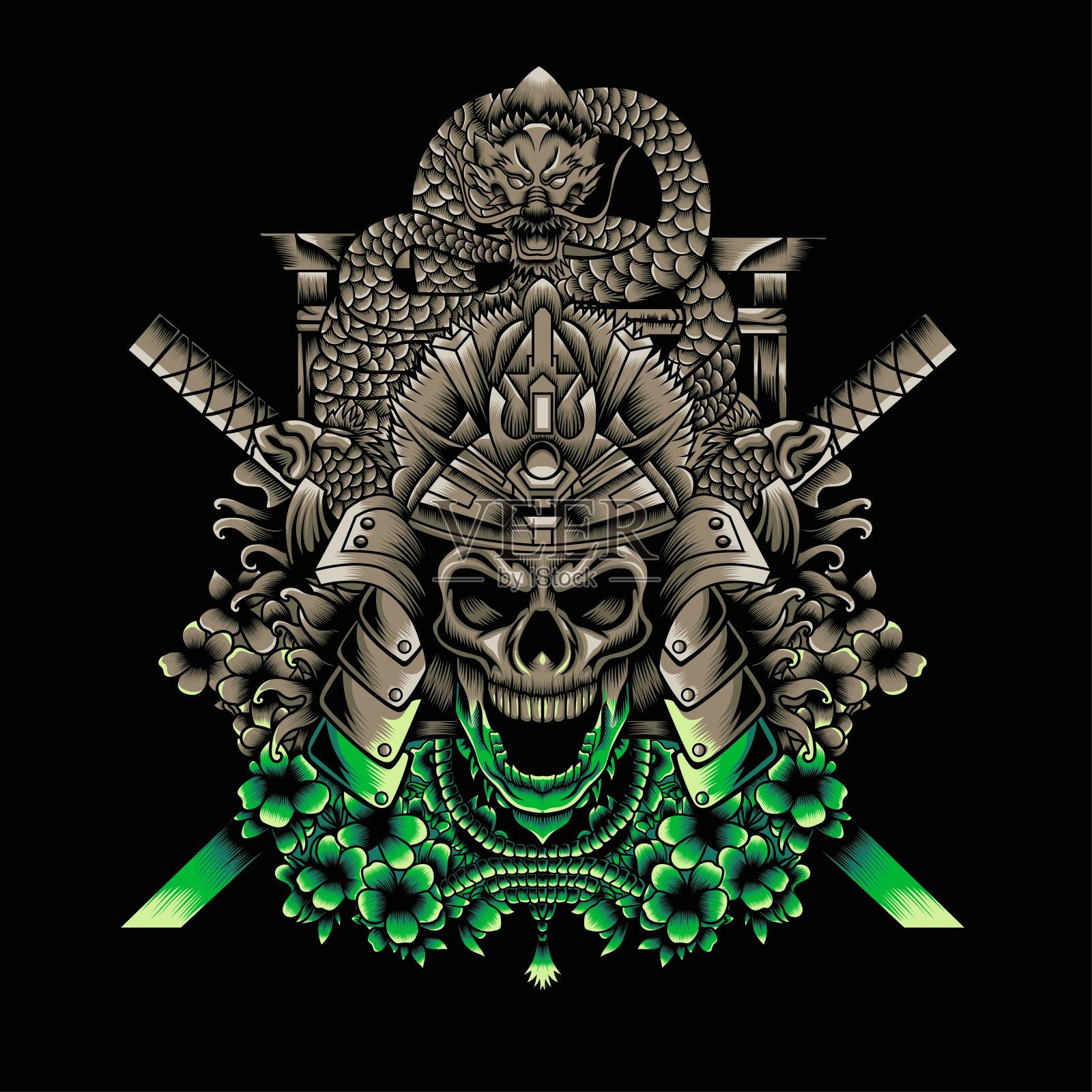 武士头骨与日本龙和武士刀插图插画图片素材