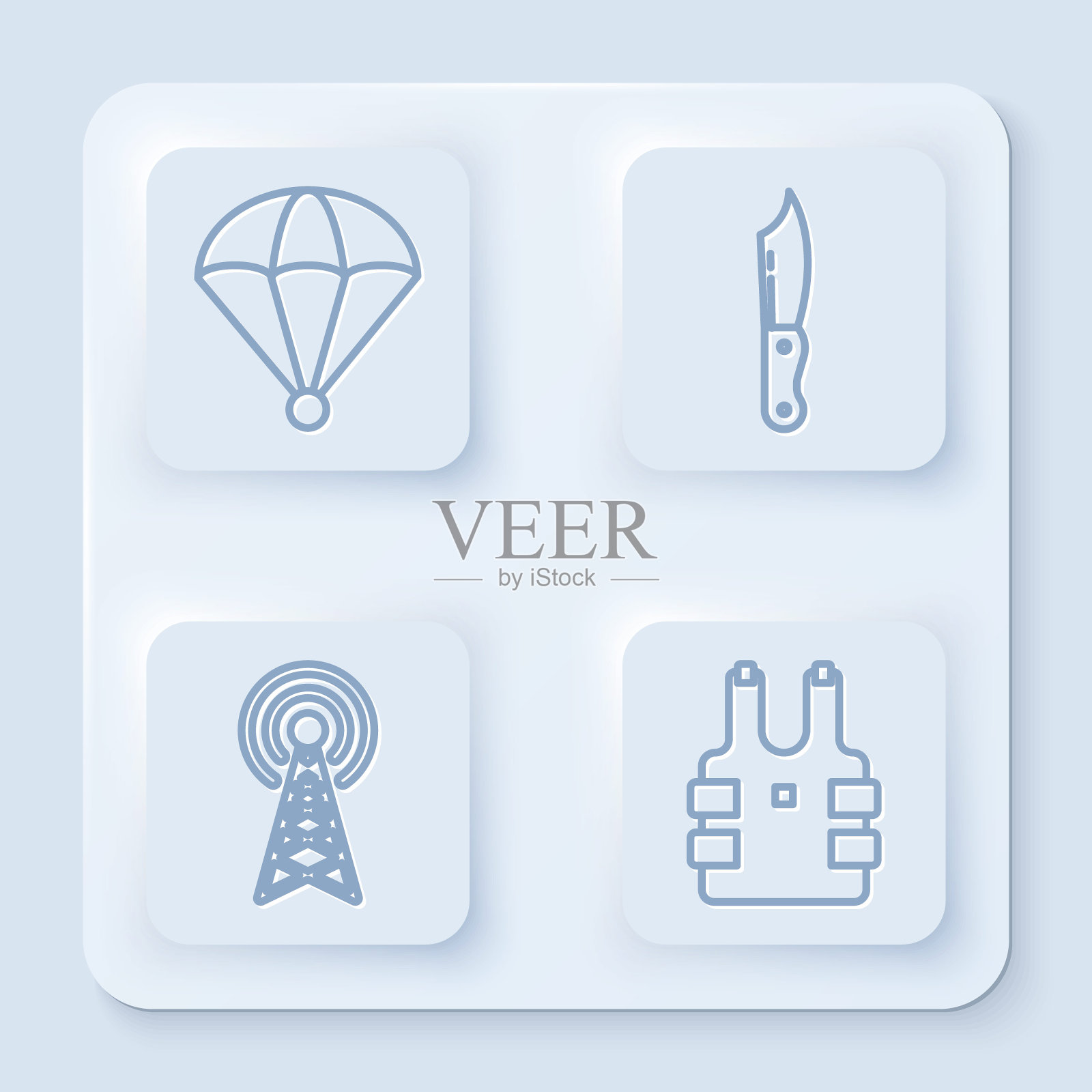 伞，军用刀，雷达和防弹背心保护子弹。白色方形按钮。向量插画图片素材