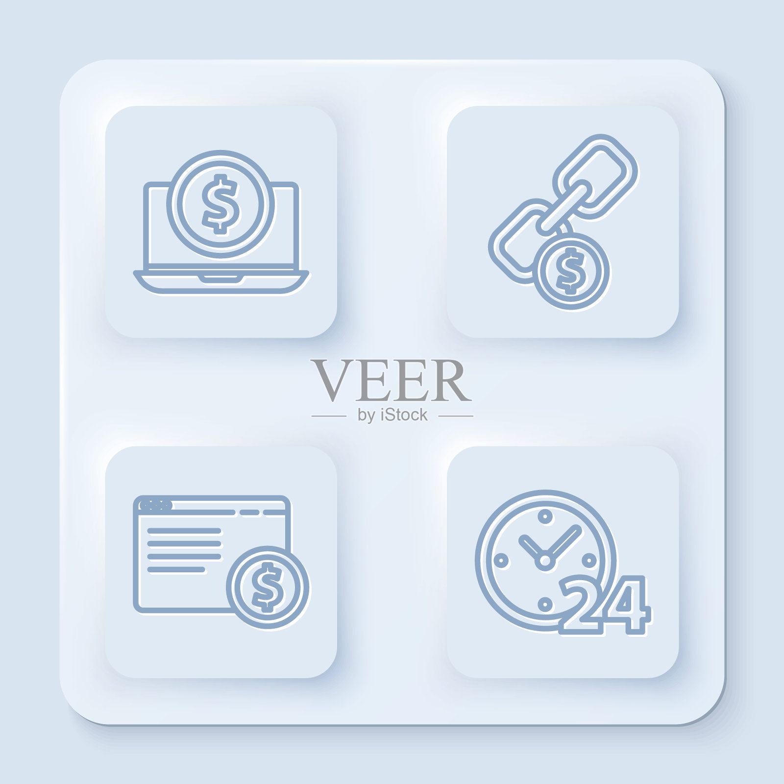 设有笔记本电脑与美元，链环和硬币，网上购物的屏幕和时钟24小时。白色方形按钮。向量插画图片素材