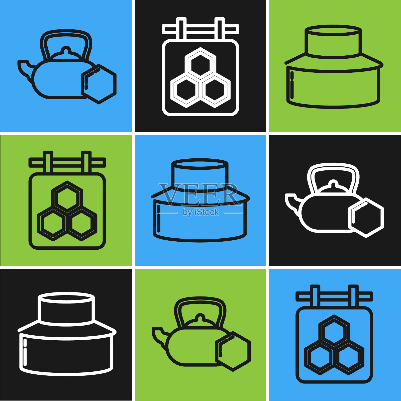 设蜂蜜茶壶、护帽养蜂人、蜂巢图标挂牌。向量插画图片素材