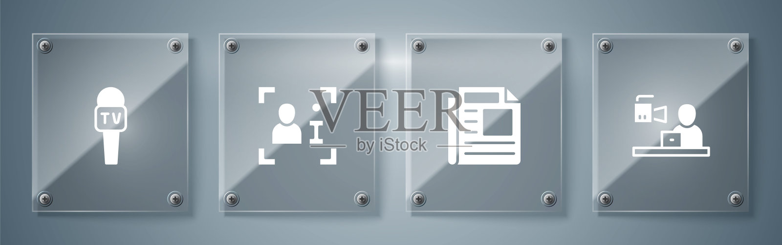 设置突发新闻，新闻，电视报道和麦克风。方形玻璃板。向量插画图片素材