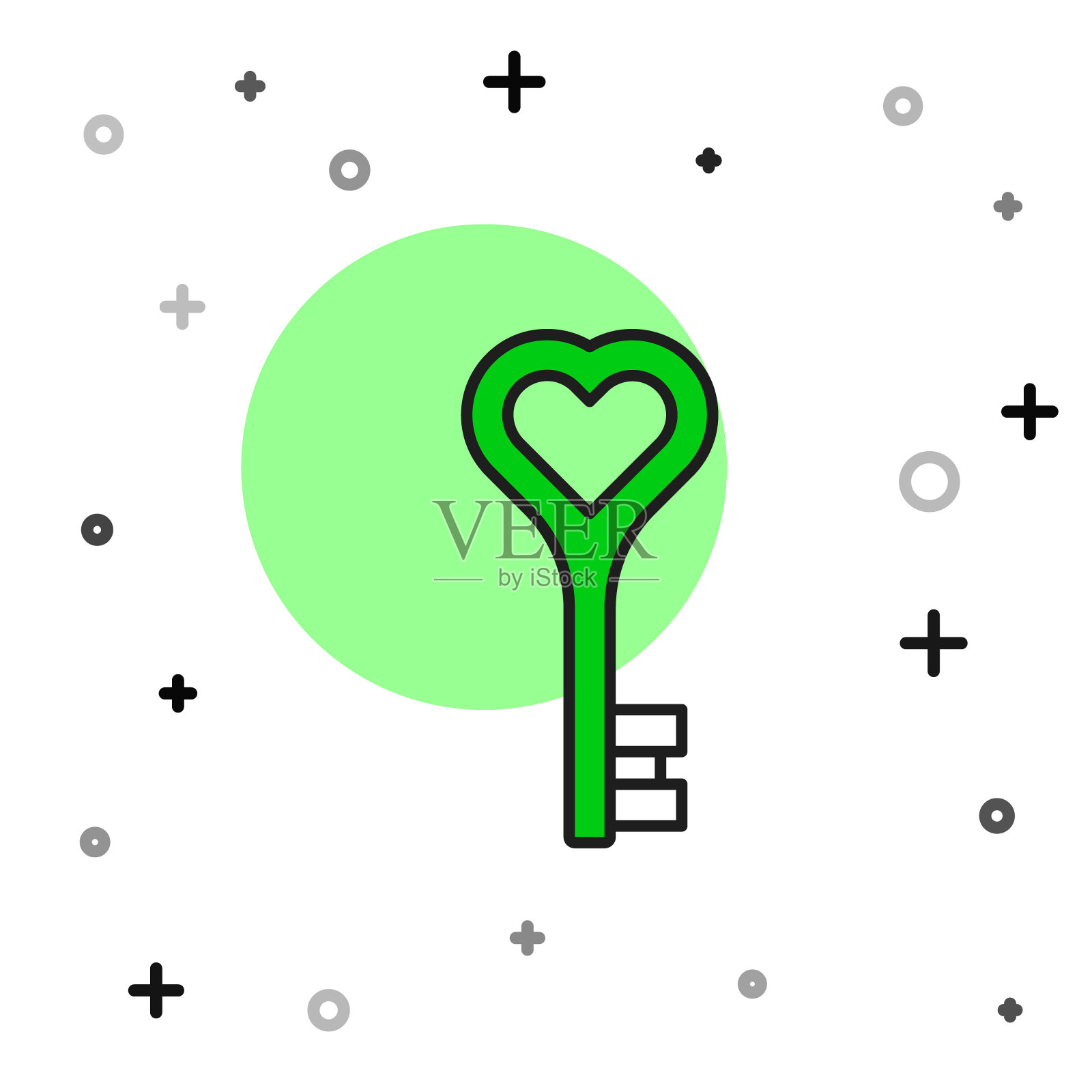 填充轮廓键在心形图标孤立的白色背景。情人节快乐。向量插画图片素材