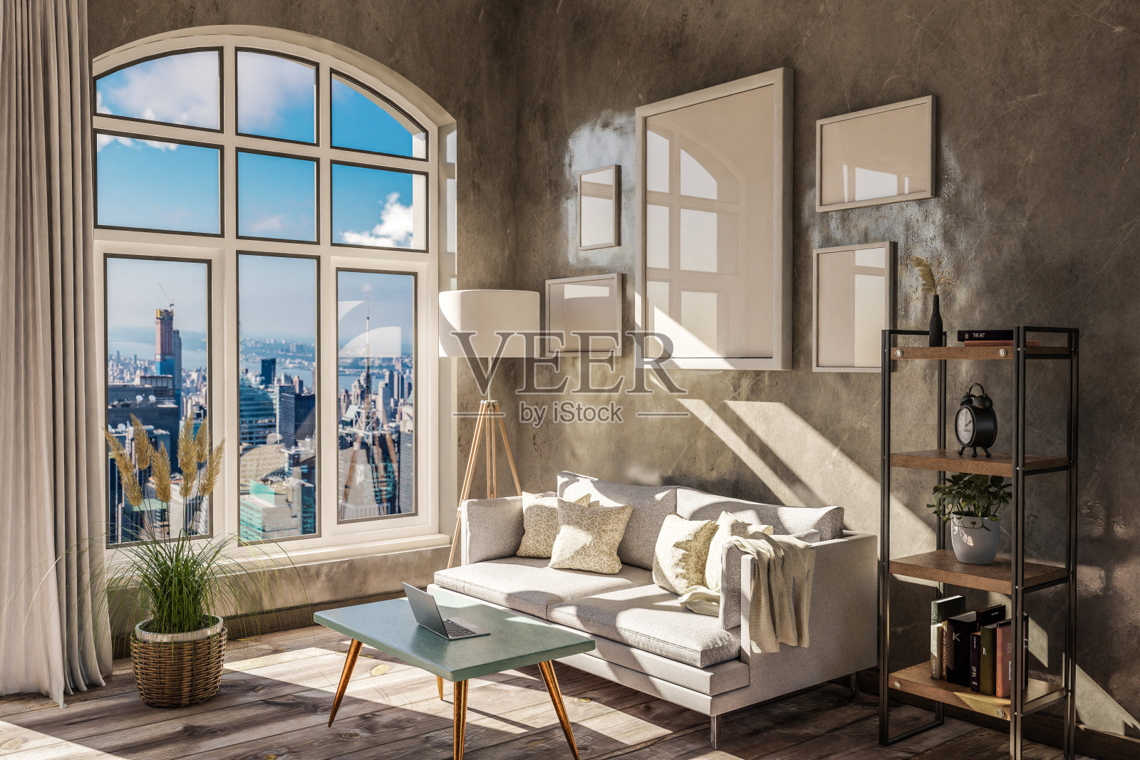 豪华阁楼公寓，带拱形窗户，可俯瞰市区全景;高贵的室内客厅设计模型;三维演示照片摄影图片