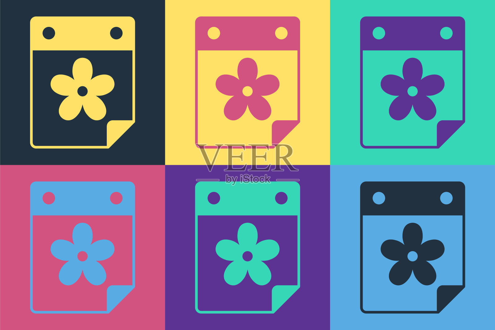 波普艺术日历与花图标孤立的彩色背景。向量图标素材