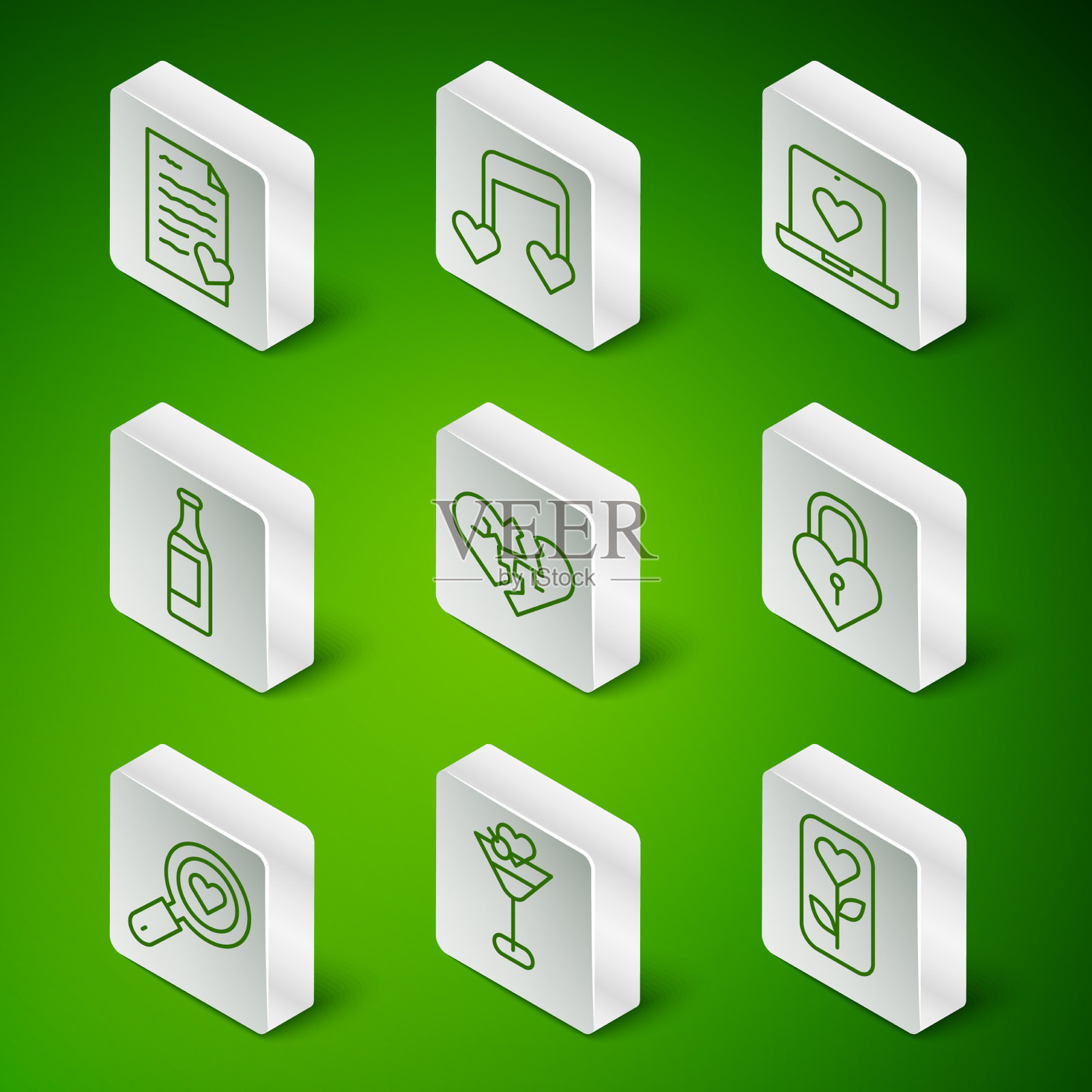 设线花玫瑰马提尼玻璃信封与图标素材