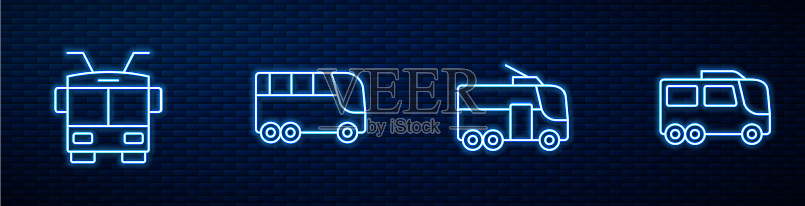 设置线路无轨电车和发光的霓虹灯图标插画图片素材