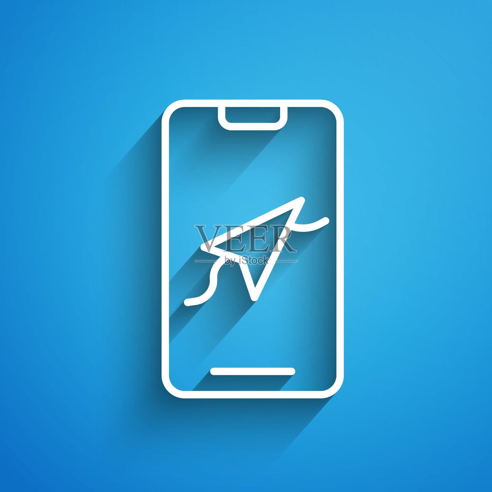 城市地图导航图标隔离在蓝色背景上的白线信息图。手机App界面概念设计。Geolacation概念。长长的阴影。向量插画图片素材