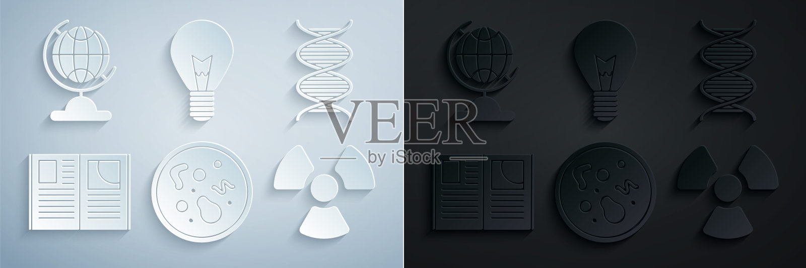 集细菌，DNA符号，打开的书，放射性，灯泡概念的想法和地球的图标。向量插画图片素材