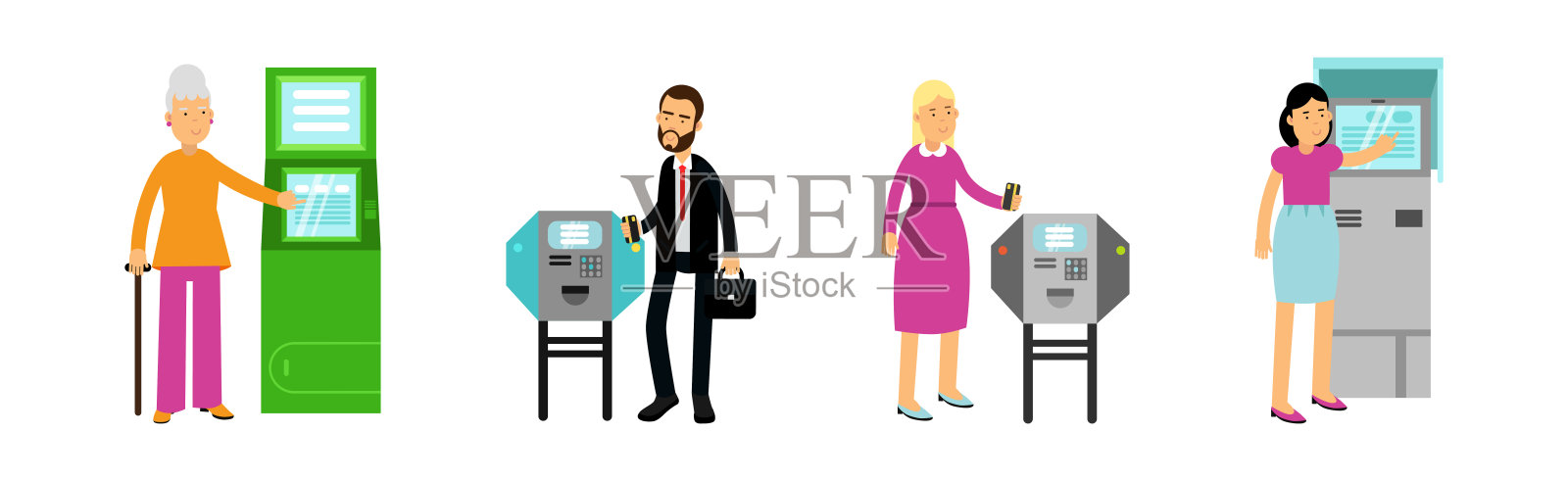 自动柜员机中人字的支付与取钱向量集插画图片素材
