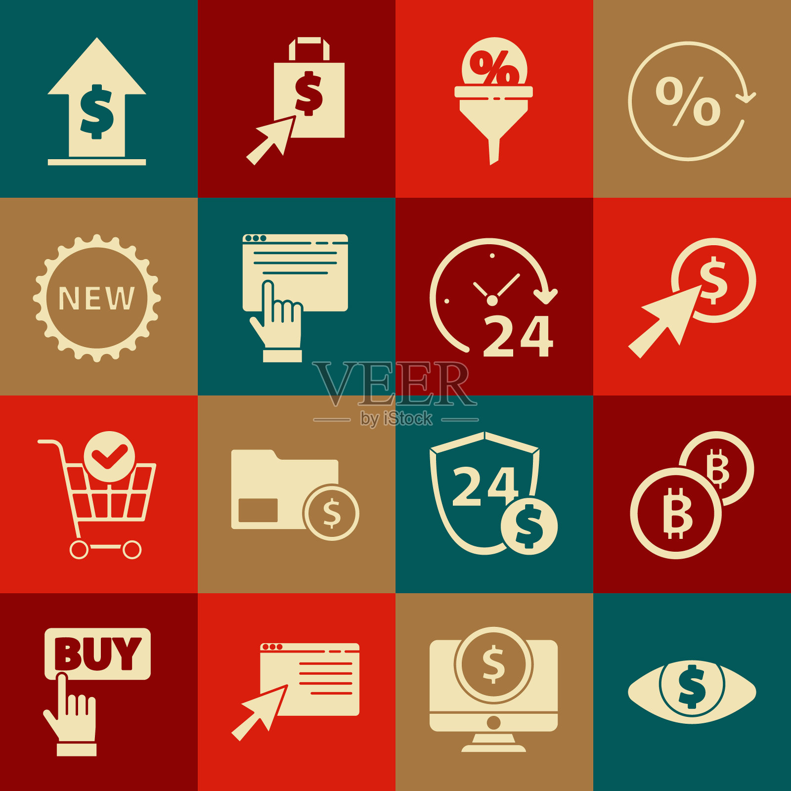 Set Eye with美元，加密货币比特币，光标和，领导管理，屏幕上的在线购物，新价格标签，财务增长和时钟24小时图标。向量插画图片素材