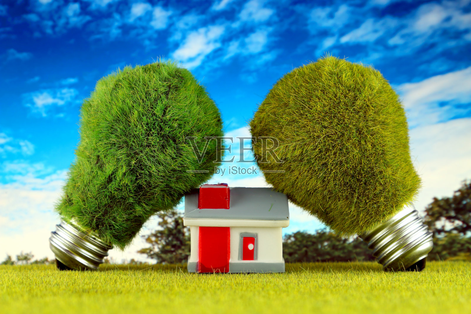 绿色环保灯泡与草和微型房子。可再生能源概念。电价降，节能在户。照片摄影图片