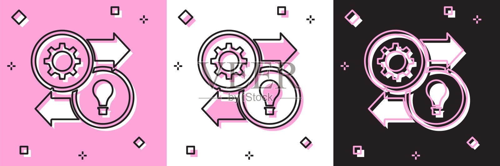 设置人力资源图标隔离在粉红色和白色，黑色背景。人力资源管理理念，专业员工调研，猎头求职。向量插画图片素材