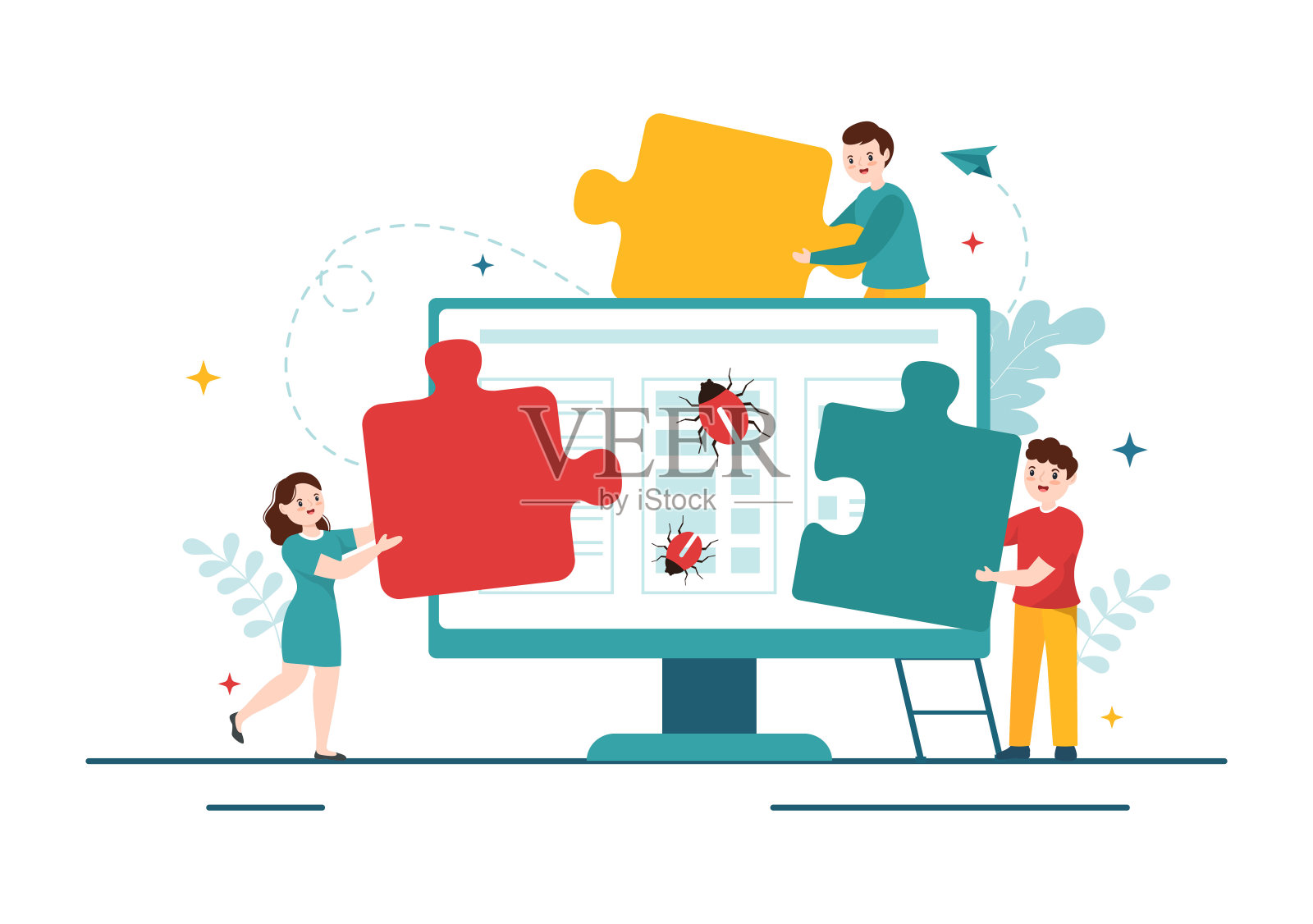 Bug跟踪矢量插图与手机保护电脑病毒在大屏幕上的网站安全平面卡通手绘模板插画图片素材