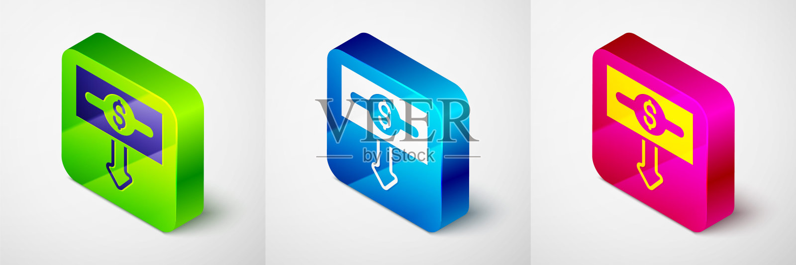 等距美元汇率下降图标隔离在灰色背景。降低成本。金钱符号与向下的箭头。业务损失危机减少。方形按钮。向量插画图片素材