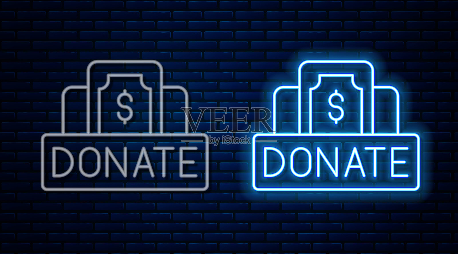 发光的霓虹灯线捐赠和慈善图标孤立的砖墙背景。捐钱和慈善理念。向量插画图片素材