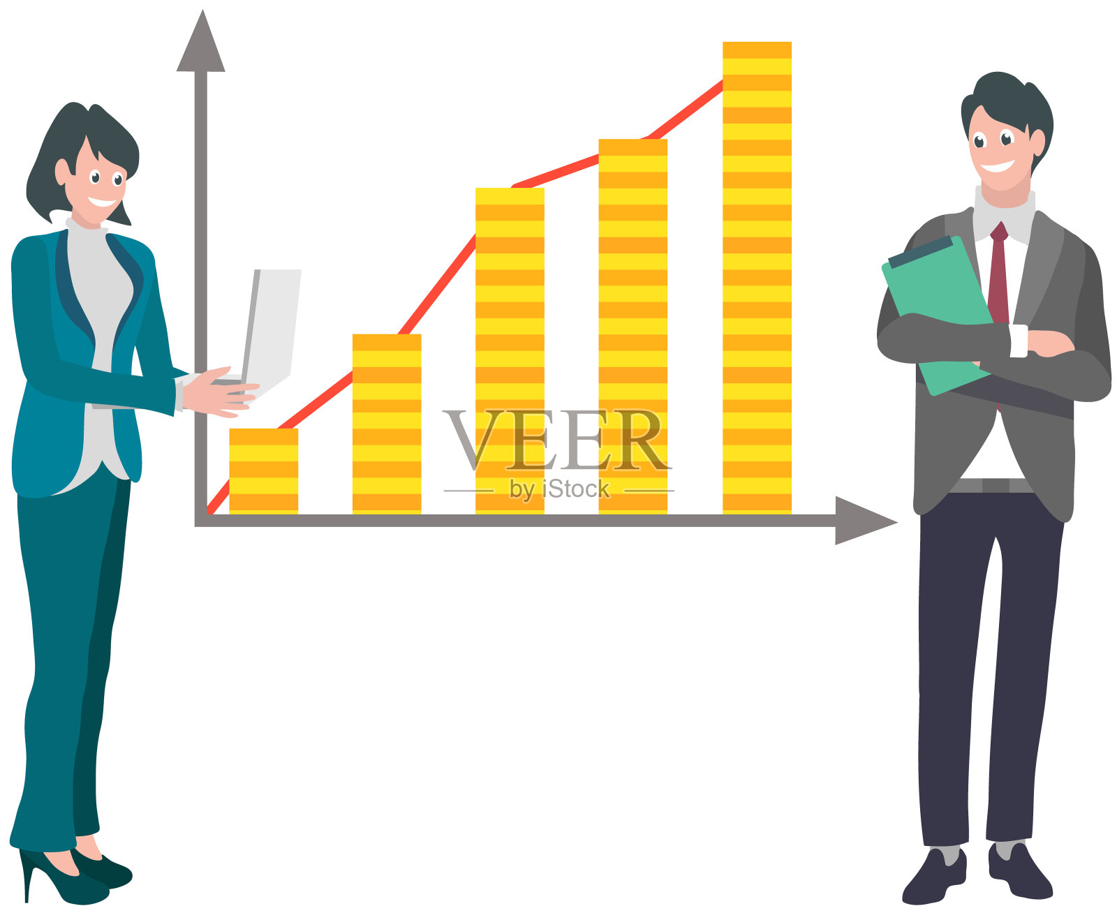 男子研究金融统计，柱状图图形报告。商业数据分析，财务研究插画图片素材