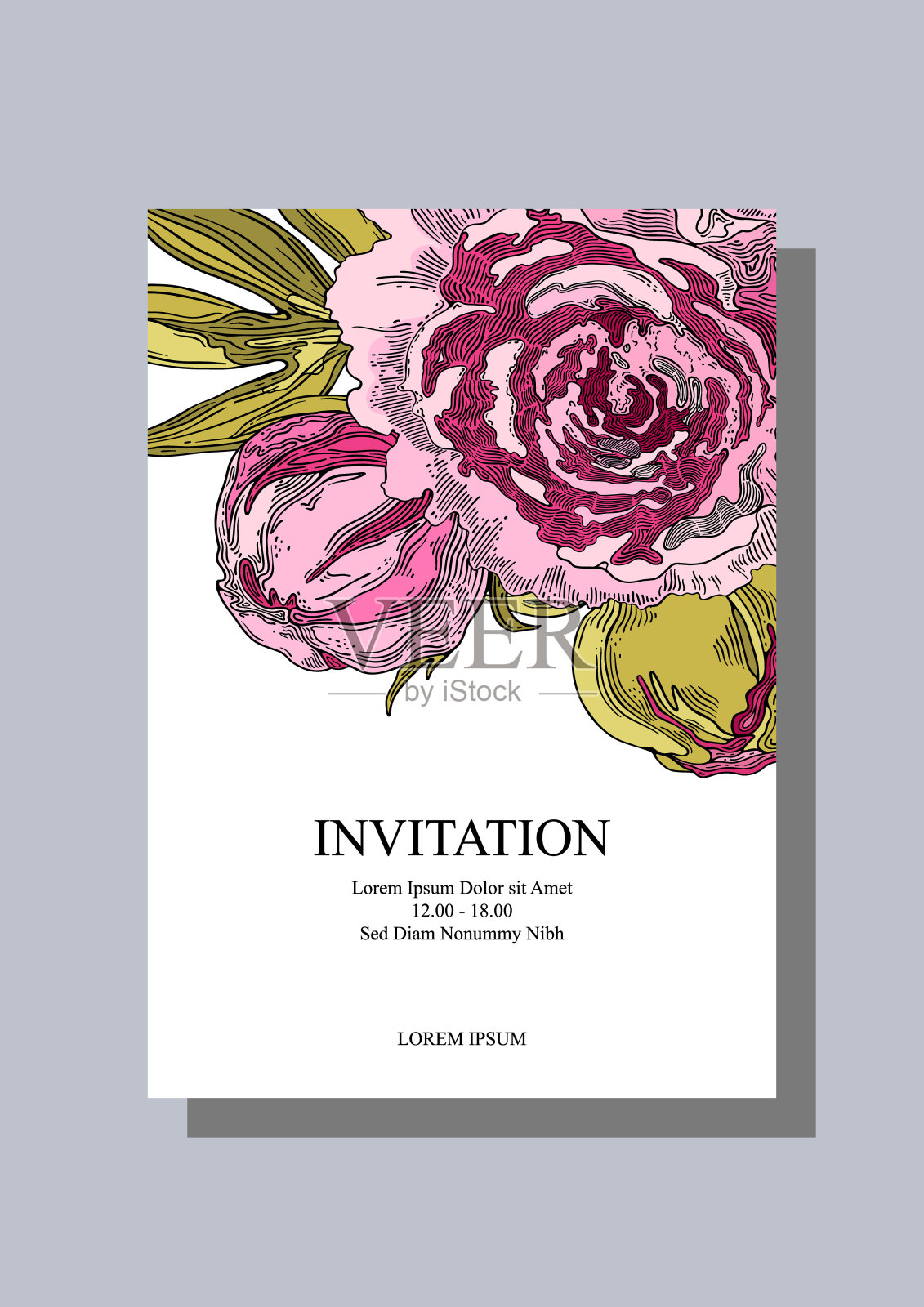 粉红色的牡丹花和两个花蕾。花卉婚礼请柬，小册子封面，明信片，横幅和背景设计模板。矢量插图。插画图片素材