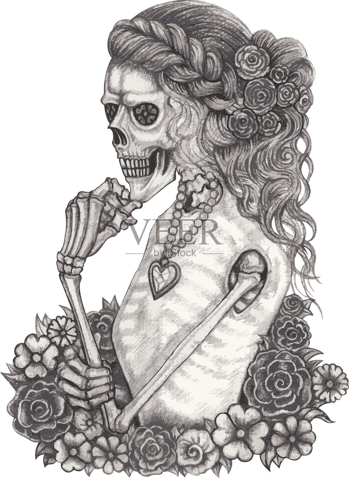 时尚模特女骷髅头。在纸上手绘。插画图片素材