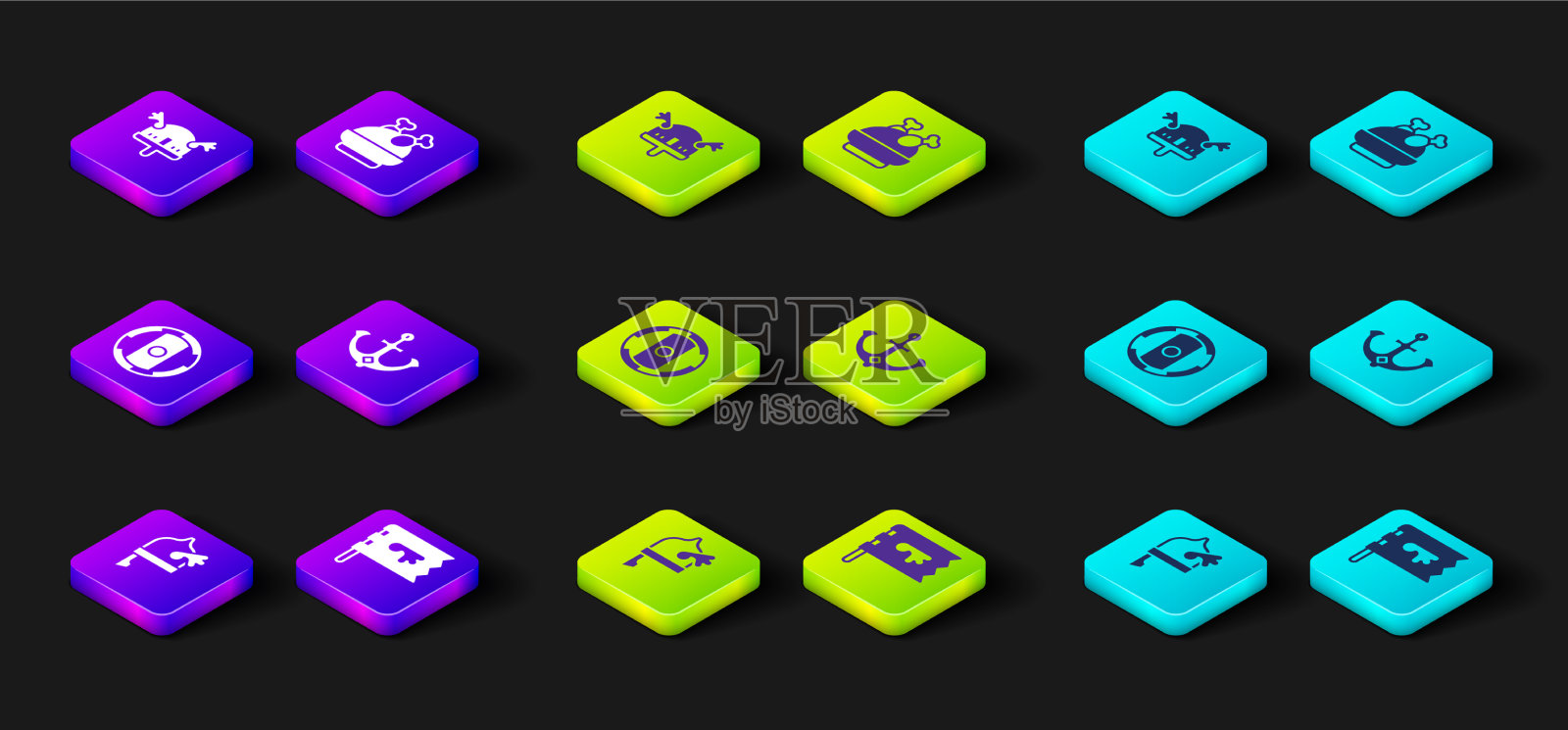 设置维京人在有角的头盔旗帜盾牌维京人图标素材