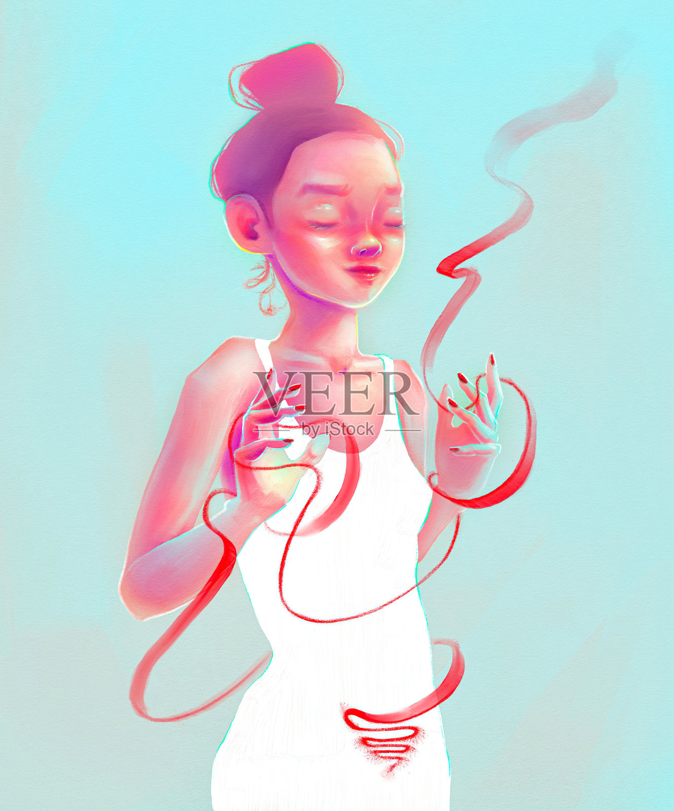 年轻的女孩和一条缎带。手绘插图插画图片素材