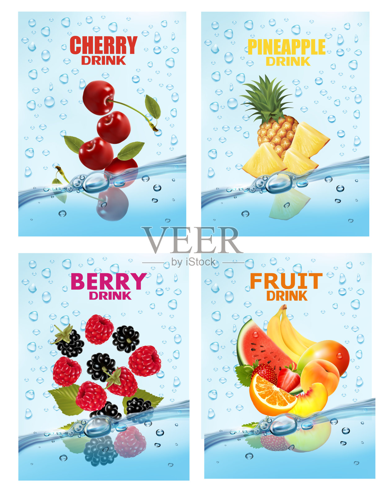 一套水果和蔬菜饮料的标签。鲜榨果汁泼在一起——桃子、西瓜、樱桃、菠萝在水里泼喝。3d新鲜水果。矢量插图。插画图片素材