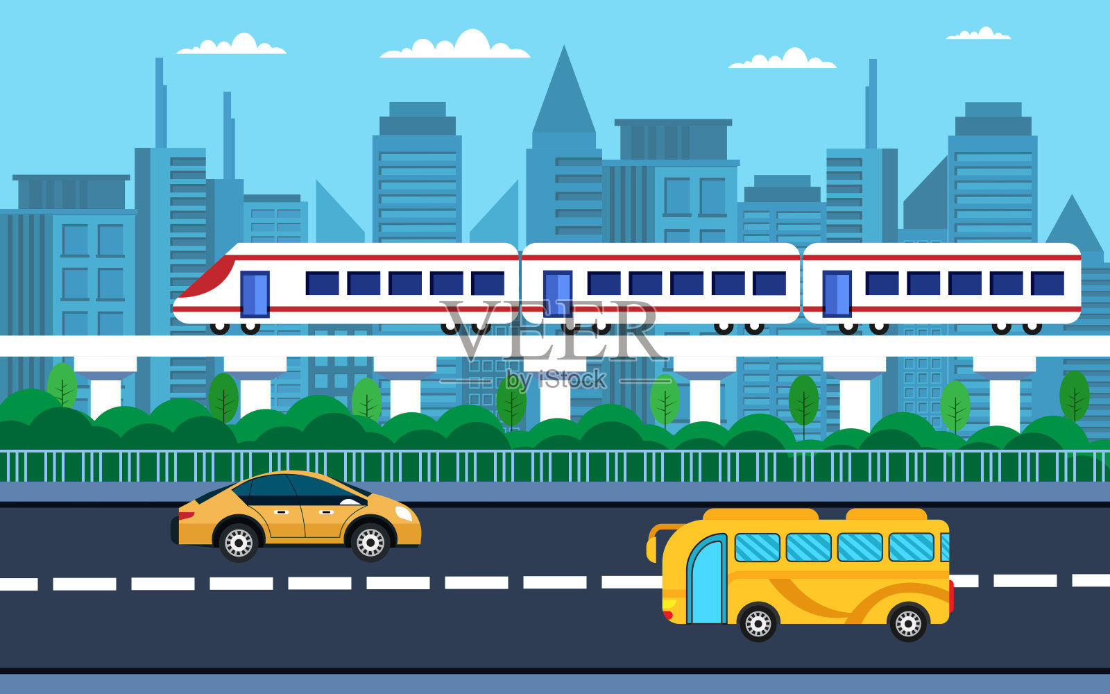 城市交通小汽车、公共汽车、火车概念插画图片素材