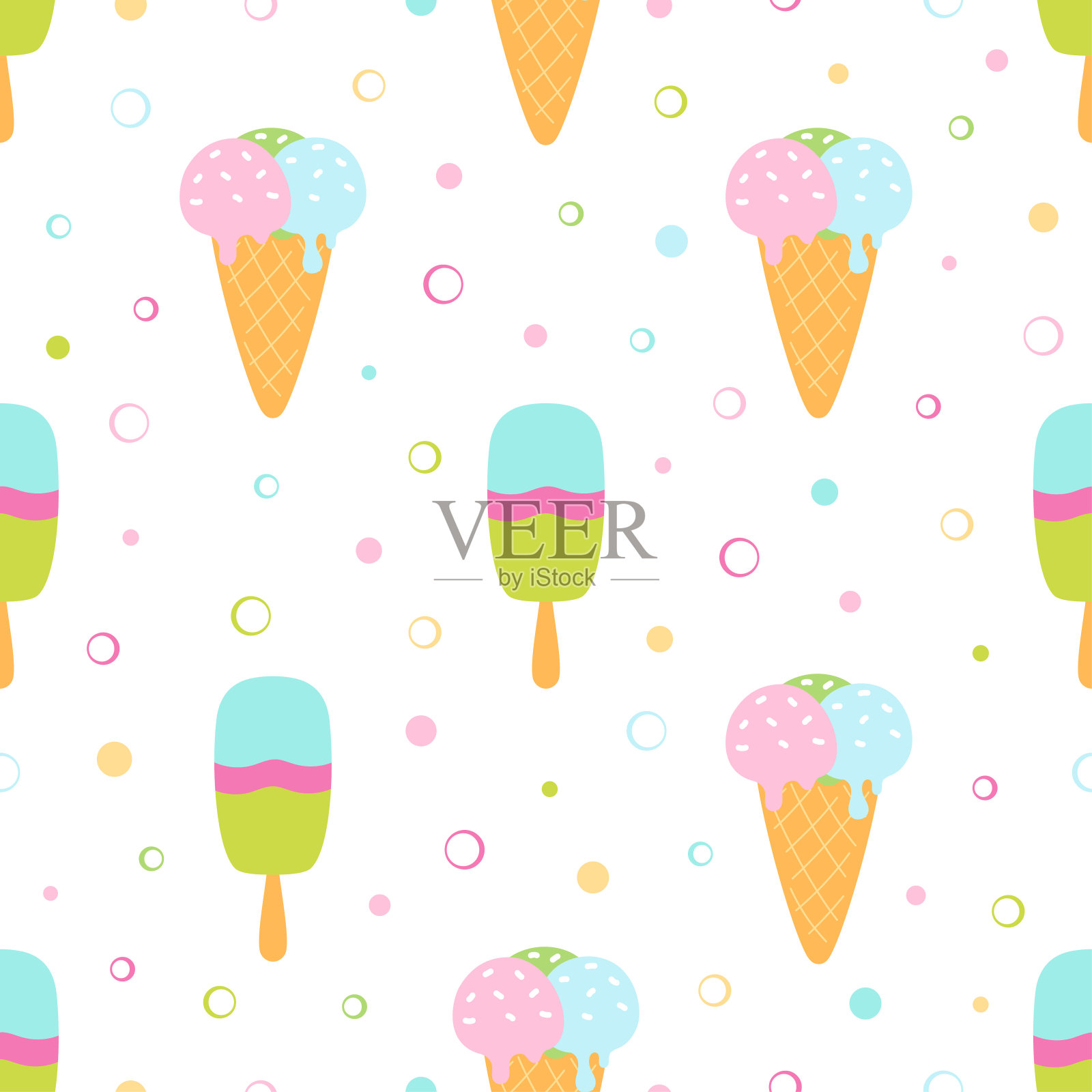 卡通图案的冰淇淋在华夫蛋筒和棒插画图片素材