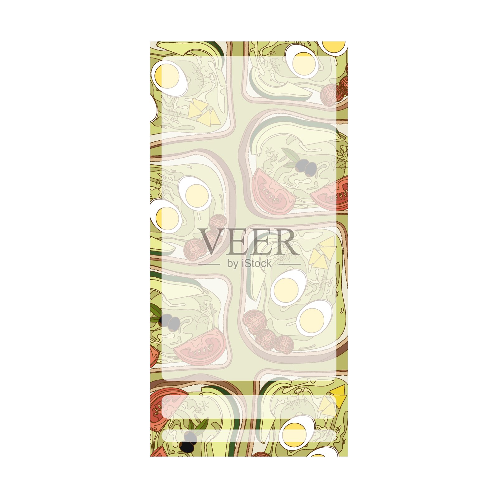 垂直的矩形明信片，传单上有墨西哥辣酱三明治，牛油果，西红柿和橄榄。为设计打印模板元素。有细笔画的平面矢量插画图片素材