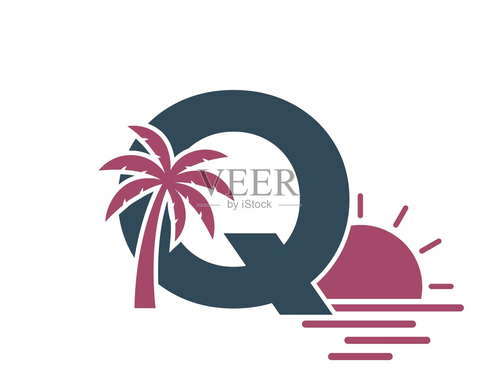 字母q有棕榈树、大海和太阳。假期字母标识。夏日与异域旅游设计插画图片素材