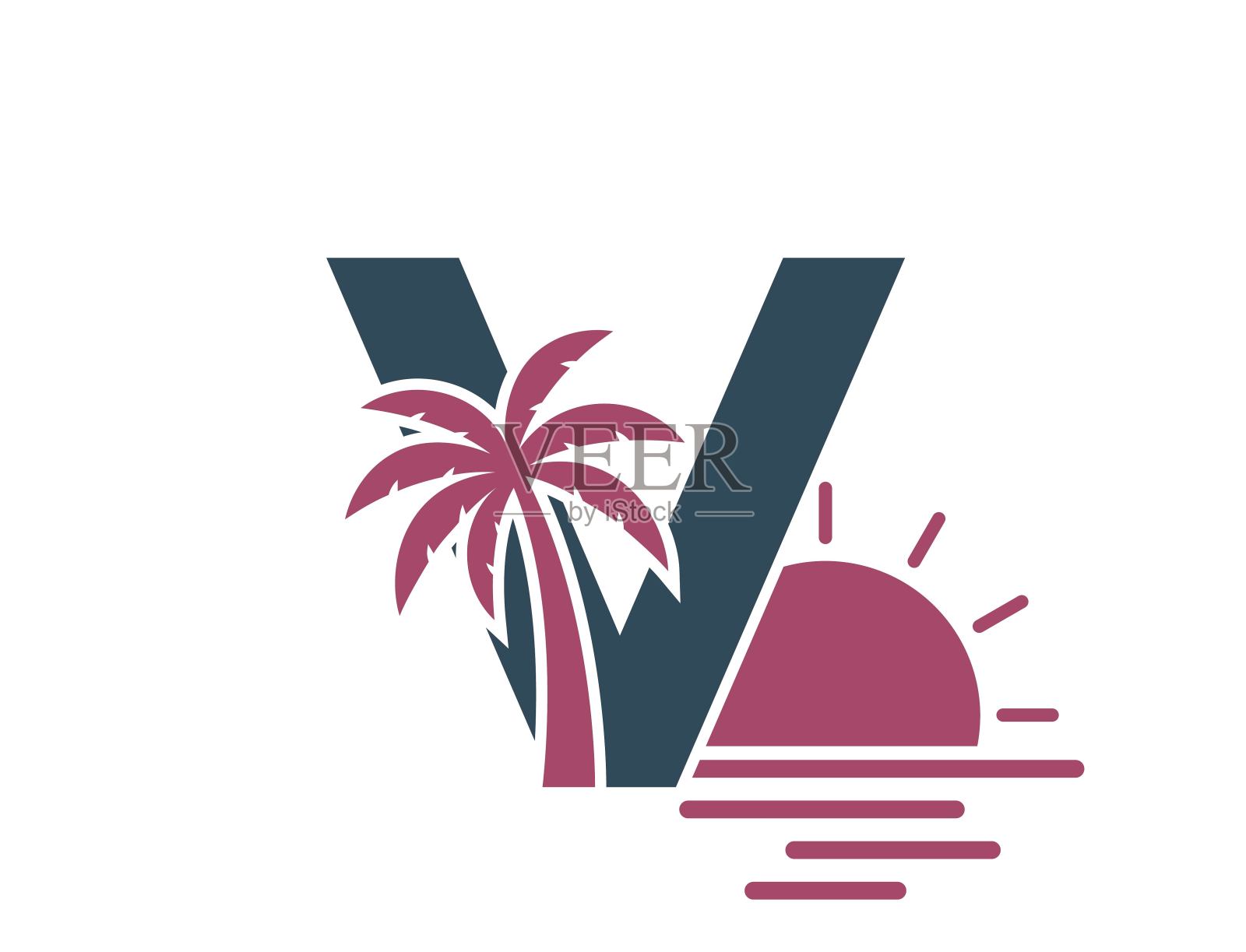 字母v有棕榈树，大海和太阳。度假和度假村字母标识。夏日与异域旅游设计插画图片素材