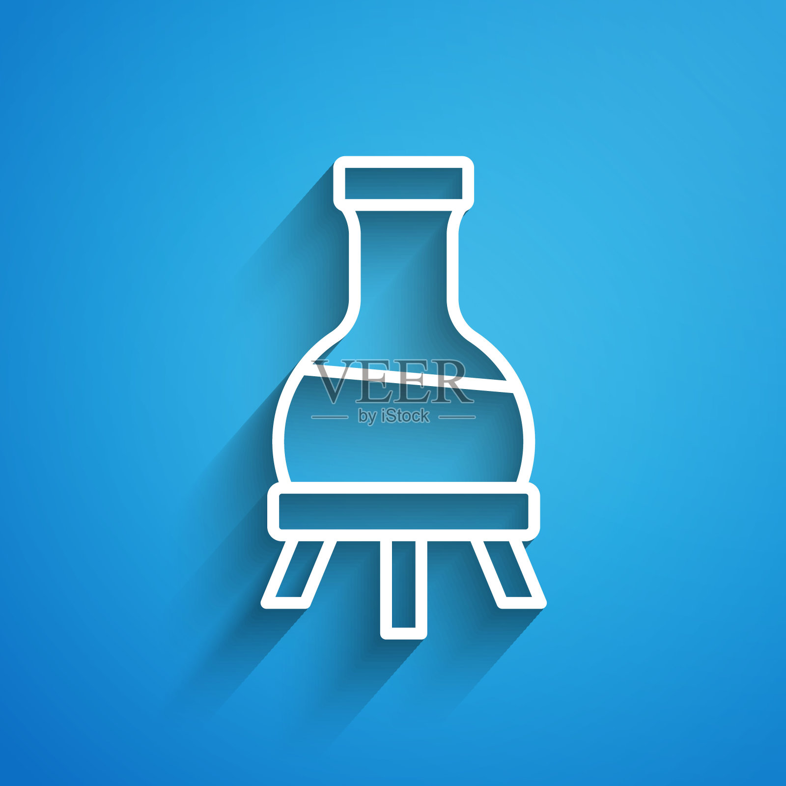 试管和烧瓶化学实验室测试图标隔离在蓝色背景上。实验室玻璃器皿标志。长长的阴影。向量插画图片素材