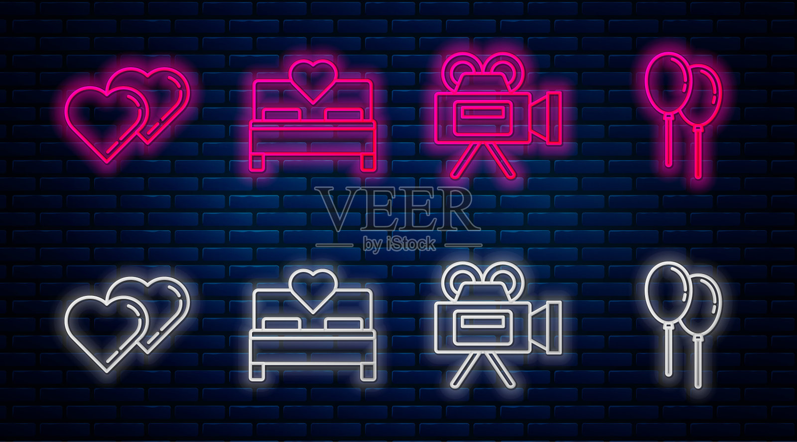 套装线卧室，电影摄像机，两个相连的心和气球带丝带。砖墙上发光的霓虹灯图标。向量图标素材