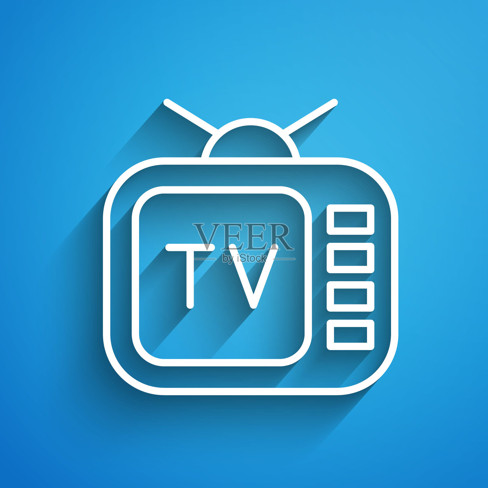 白线复古电视图标孤立的蓝色背景。电视信号。长长的阴影。向量插画图片素材