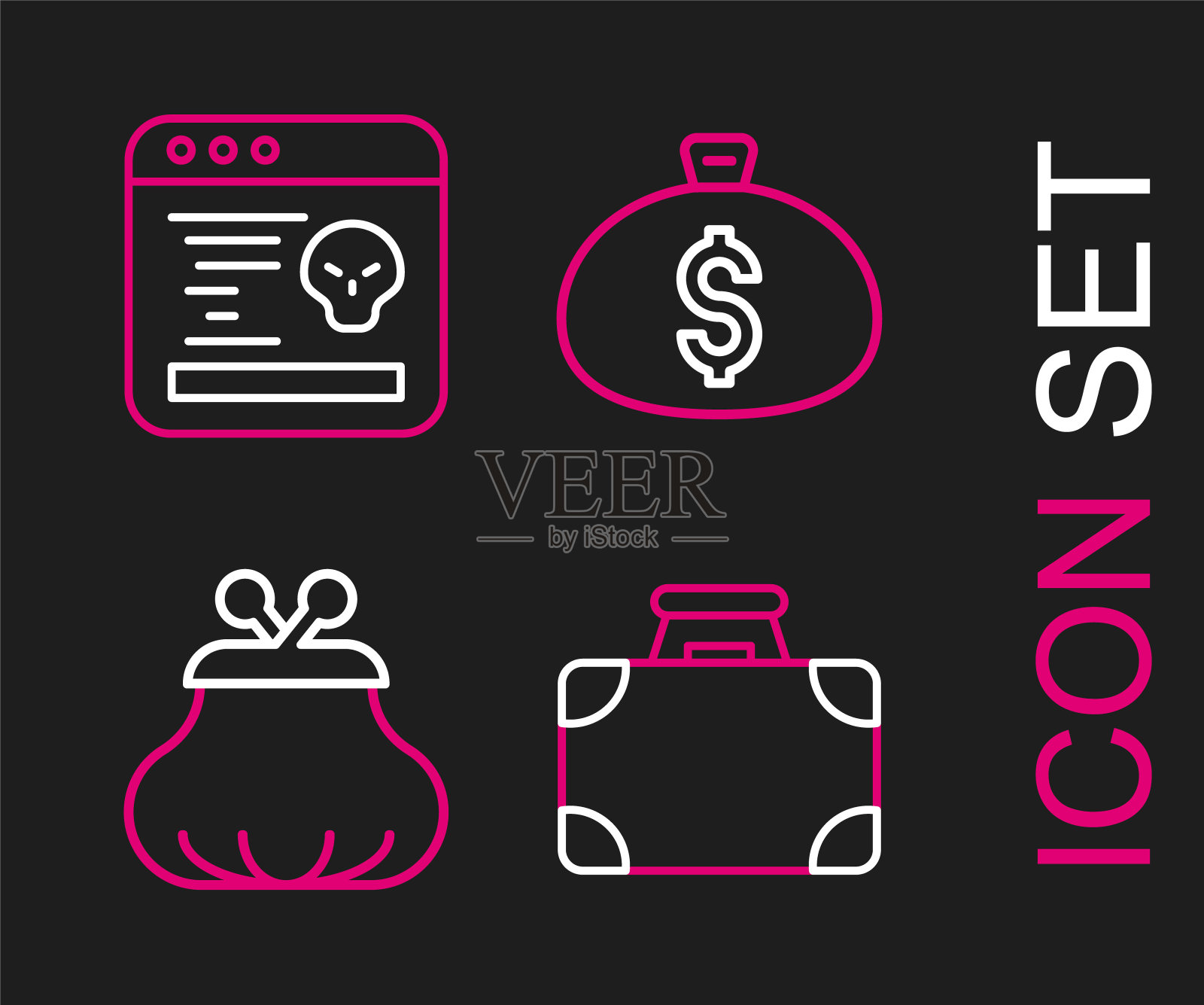 设置线公文包和钱，钱包，钱袋和系统的错误图标。向量图标素材