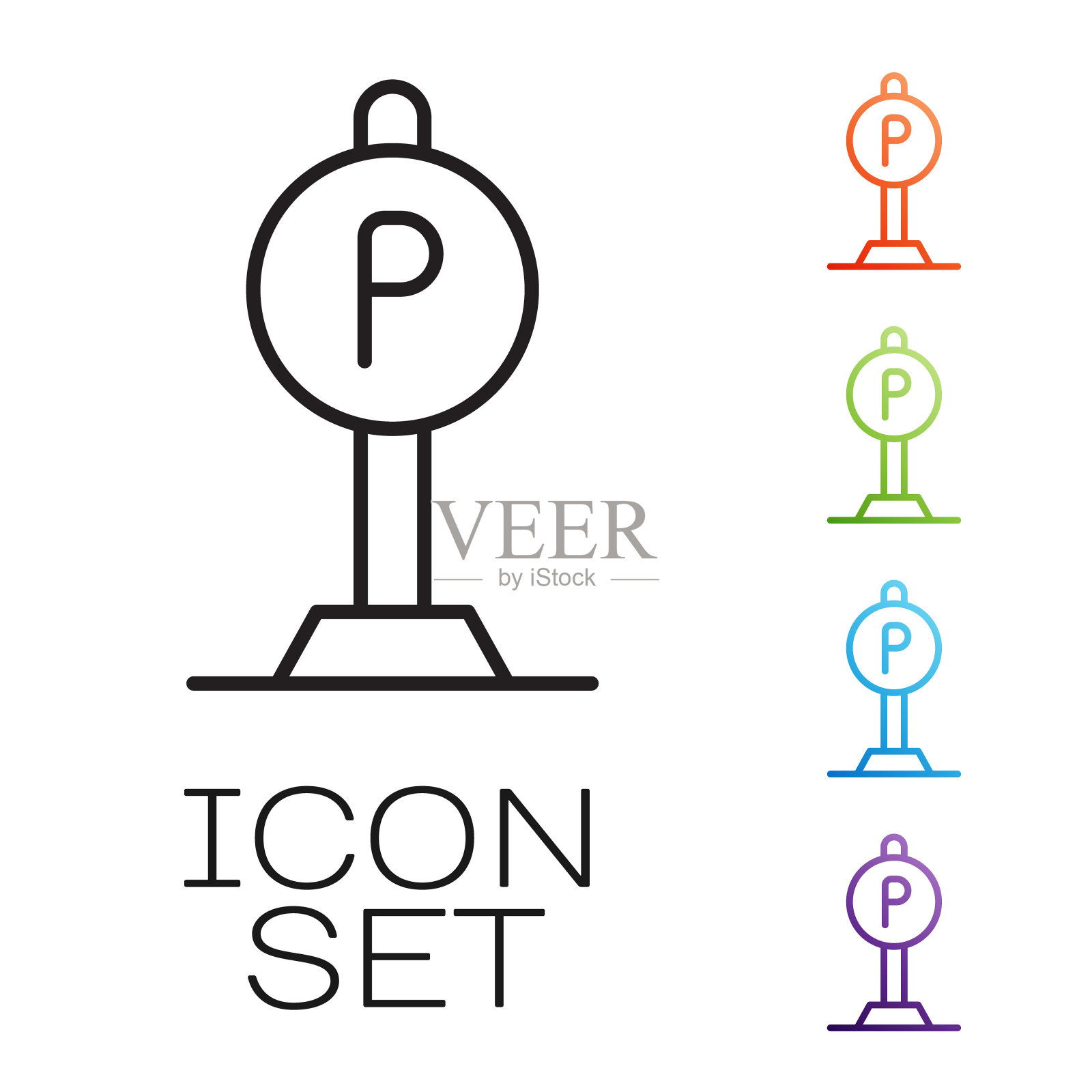 黑线停车图标孤立在白色背景。街道路牌。设置图标彩色。向量图标素材