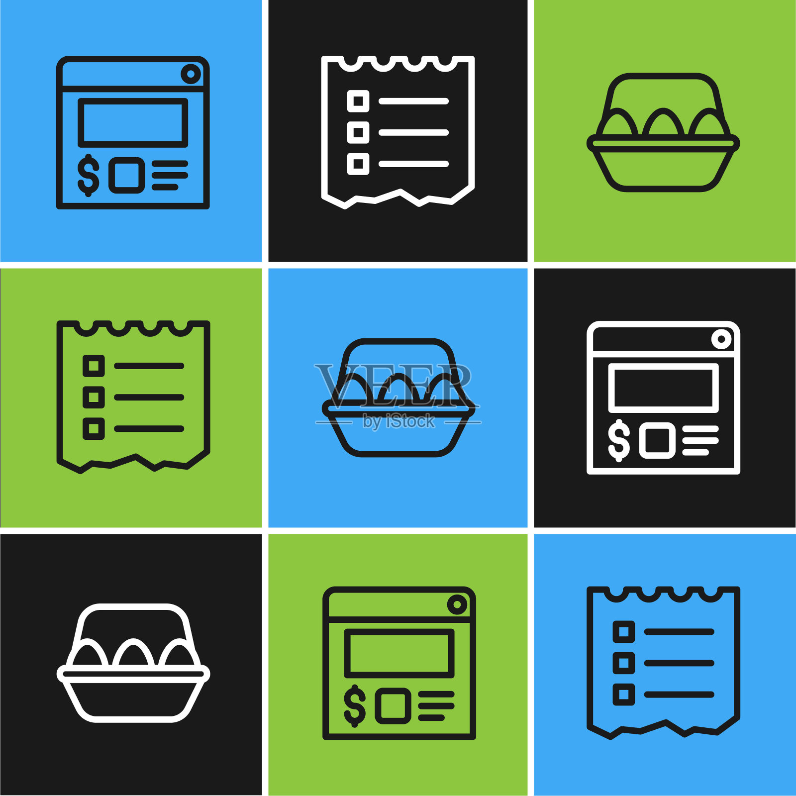 设置在线订购和送货，鸡蛋盒和购物清单图标。向量插画图片素材