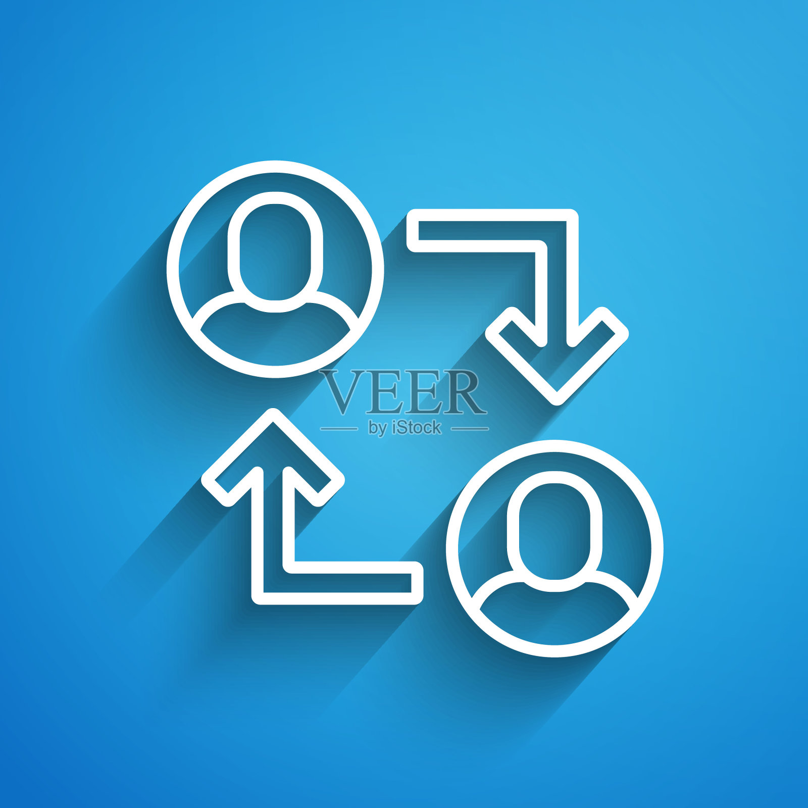 白线项目团队基地图标隔离在蓝色背景。业务分析与规划，咨询，团队合作，项目管理。长长的阴影。向量图标素材