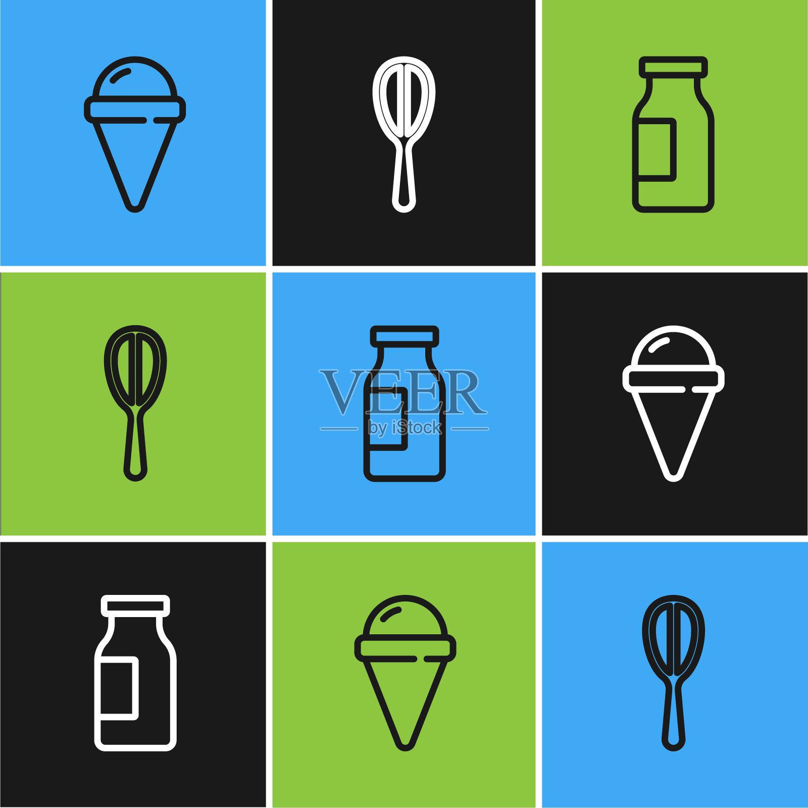 设置线冰淇淋在华夫蛋筒，瓶与牛奶和厨房打蛋器图标。向量插画图片素材