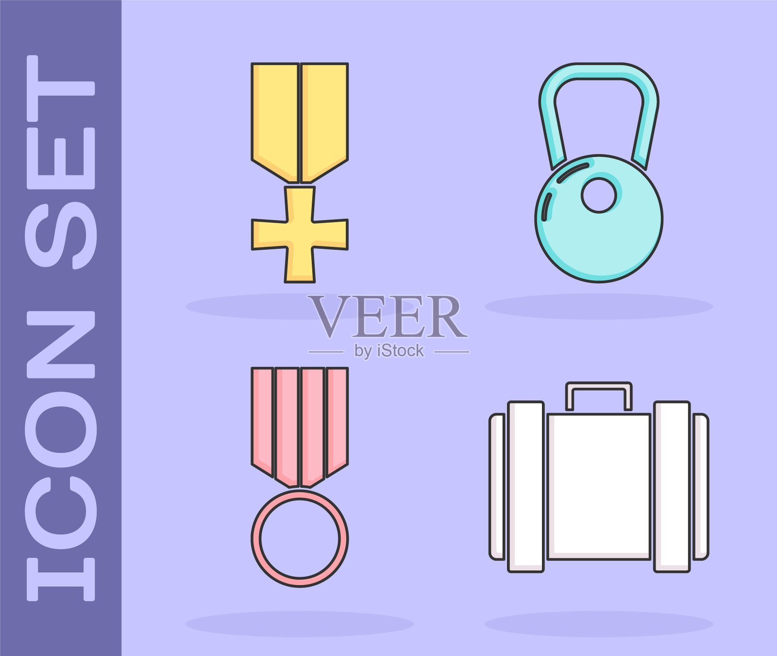 设置军事弹药箱，军事奖励奖章，军事奖励奖章和壶铃图标。向量图标素材