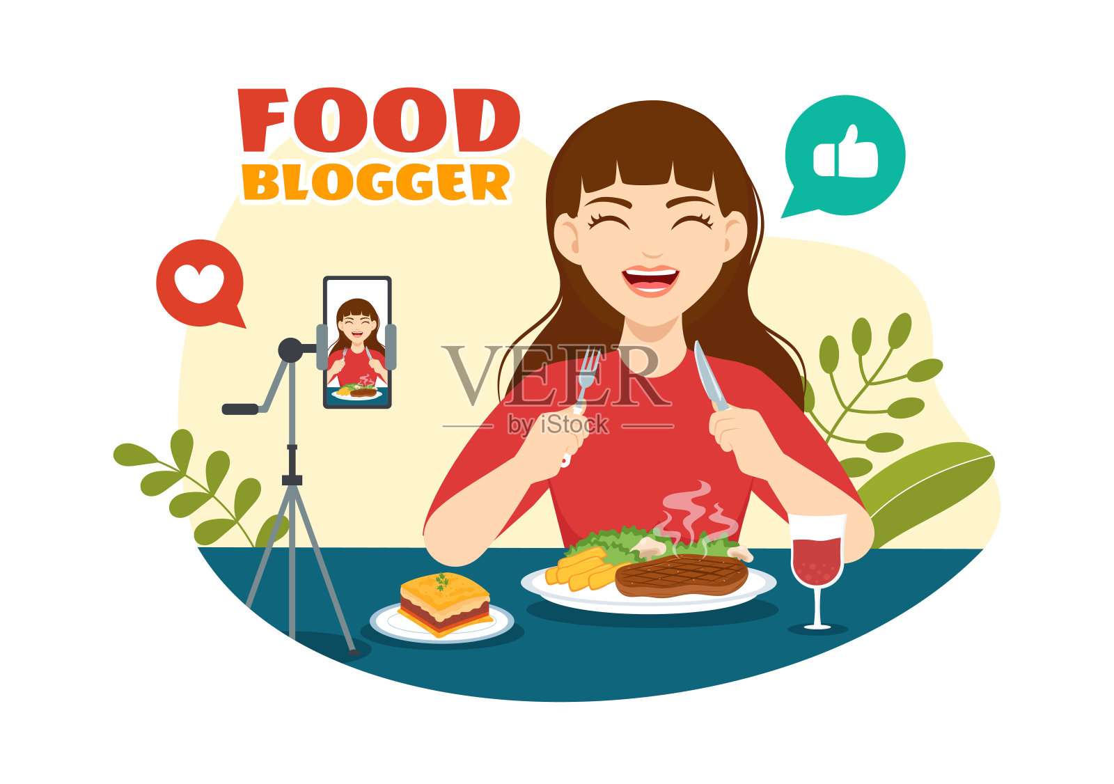 食物博客矢量插图与影响者审查，并在平面卡通手绘登陆页背景模板的博客上分享插画图片素材