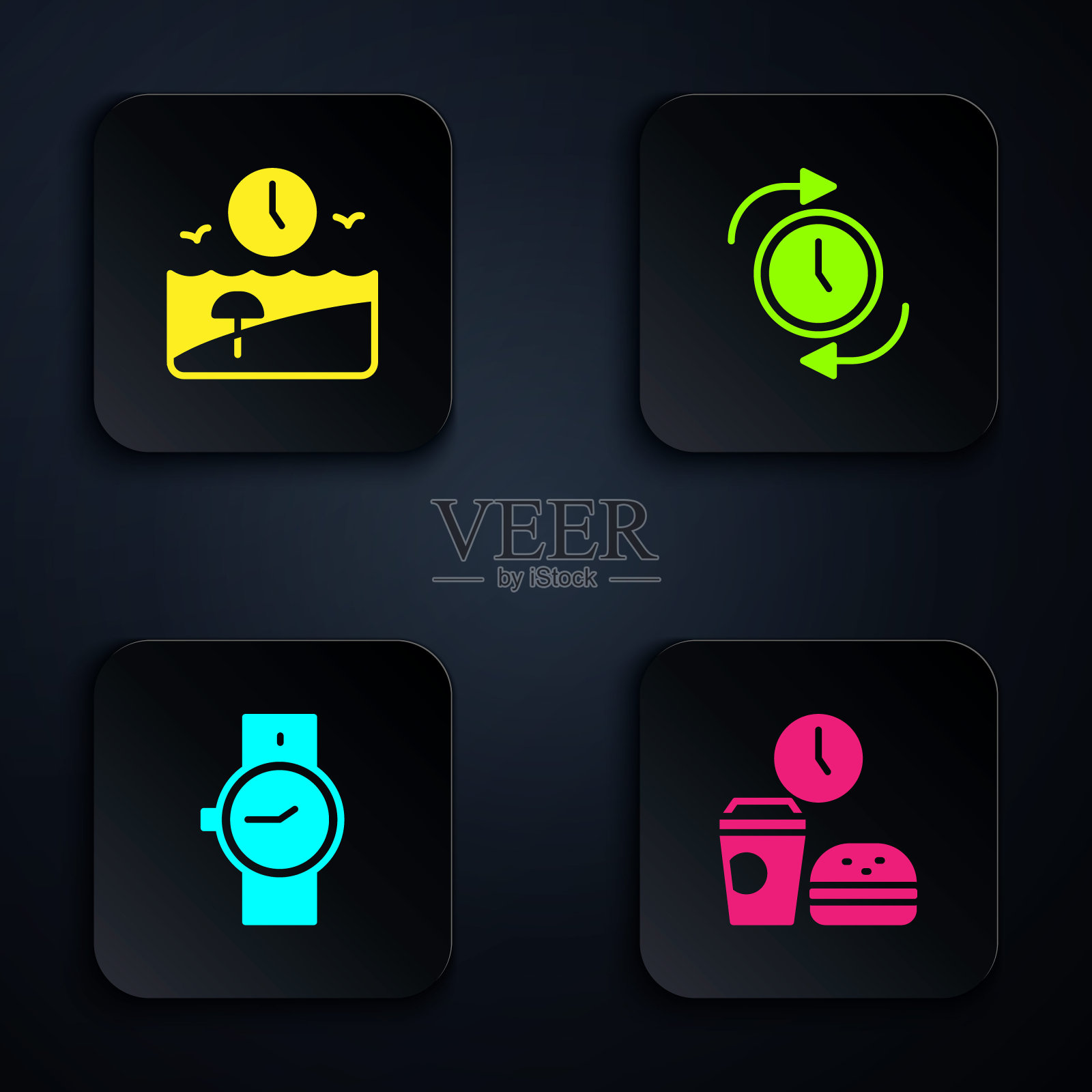 设置快餐时间，假期，手表和时钟的箭头。黑色方形按钮。向量插画图片素材