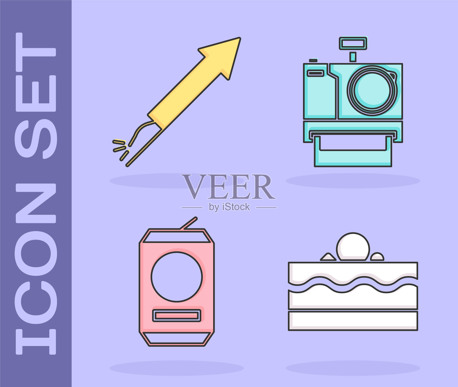 集蛋糕，烟花火箭，啤酒罐和照片相机图标。向量图标素材