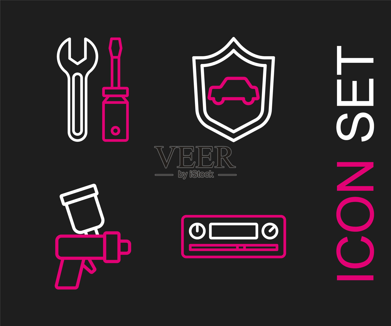 设置线汽车音响，油漆喷枪，盾牌和螺丝刀和扳手图标。向量图标素材