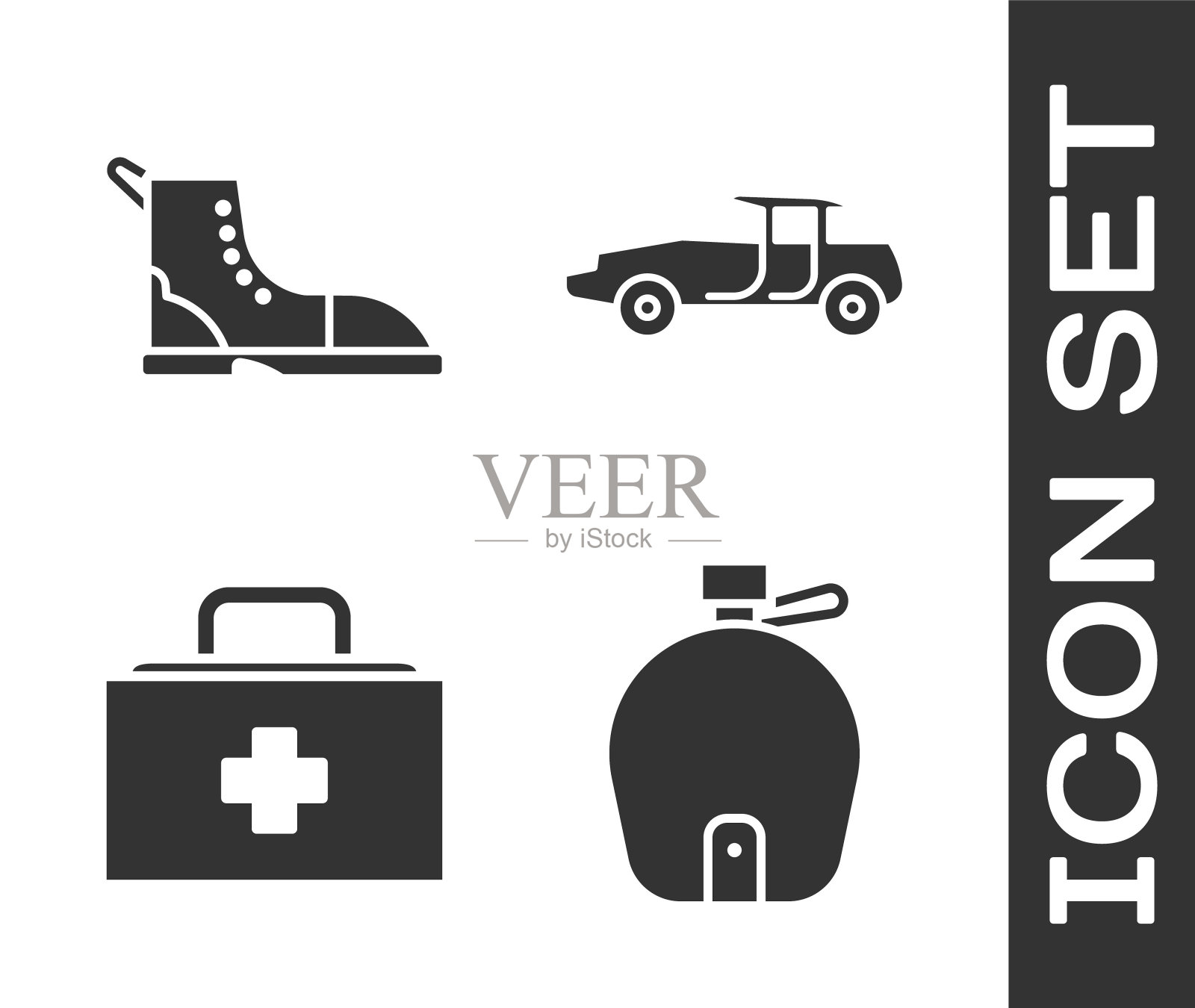 设置水壶，登山靴，急救箱和汽车图标。向量图标素材