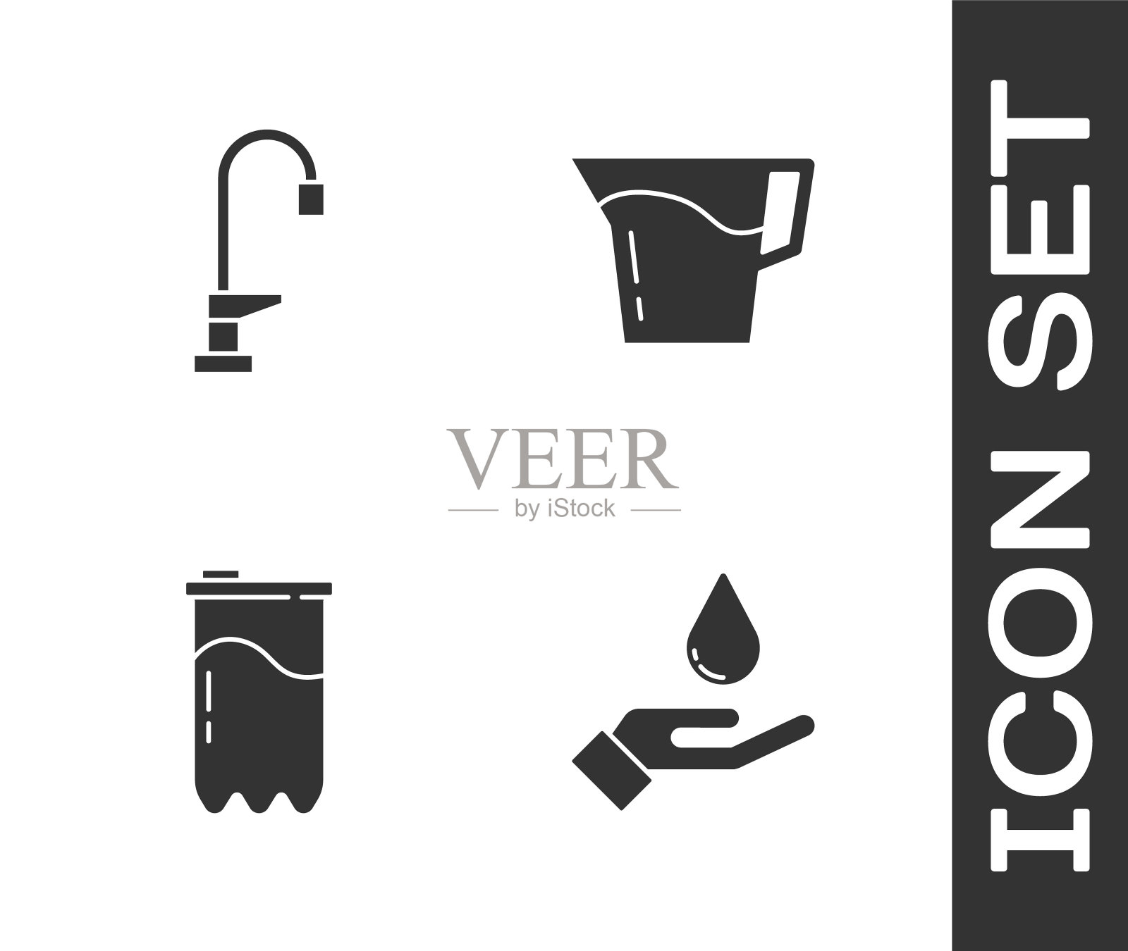 设置用肥皂洗手，水龙头，过滤器和水壶玻璃水图标。向量图标素材