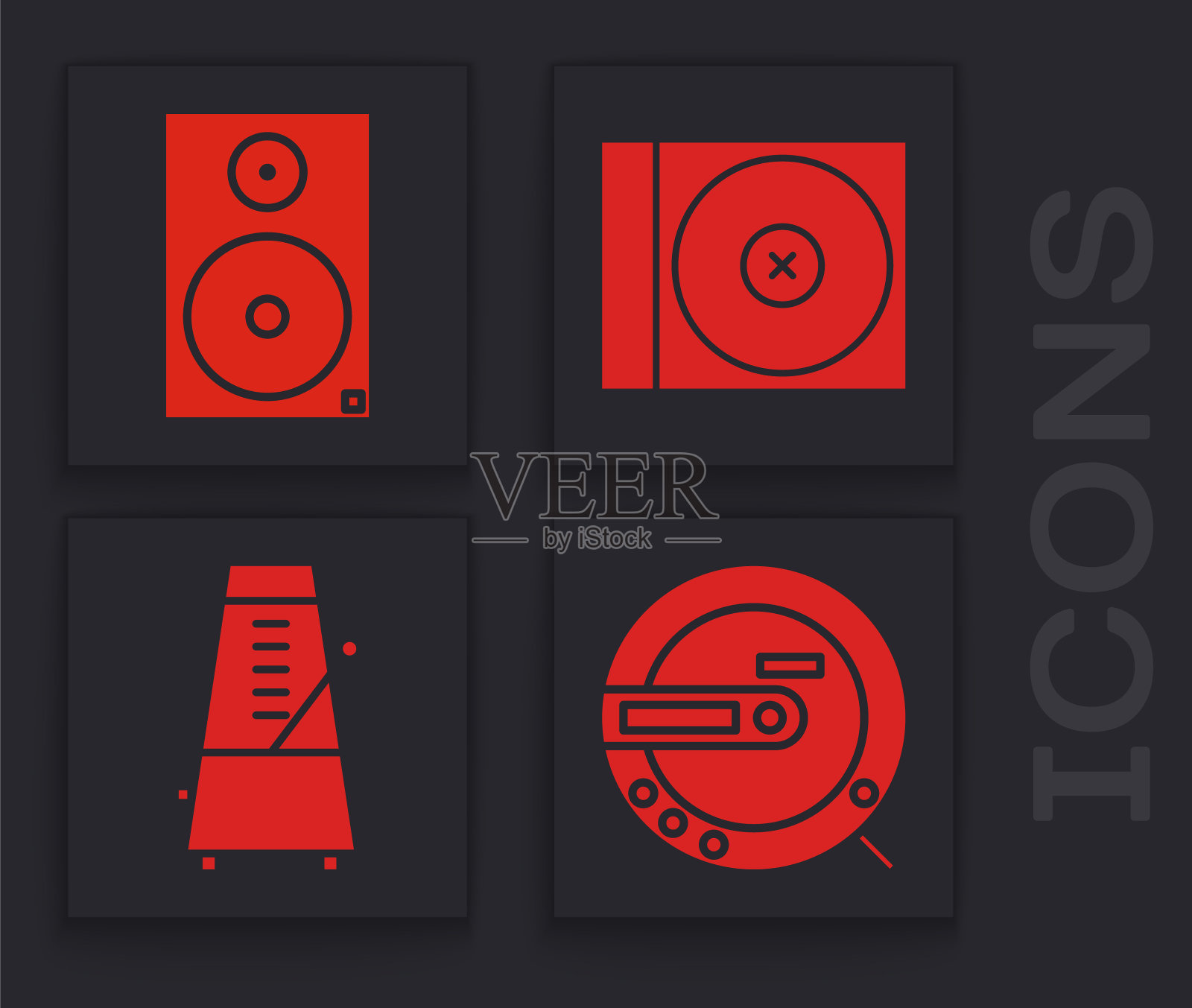 设置音乐CD播放器，立体声扬声器，CD或DVD磁盘和节拍器与钟摆在运动图标。向量图标素材